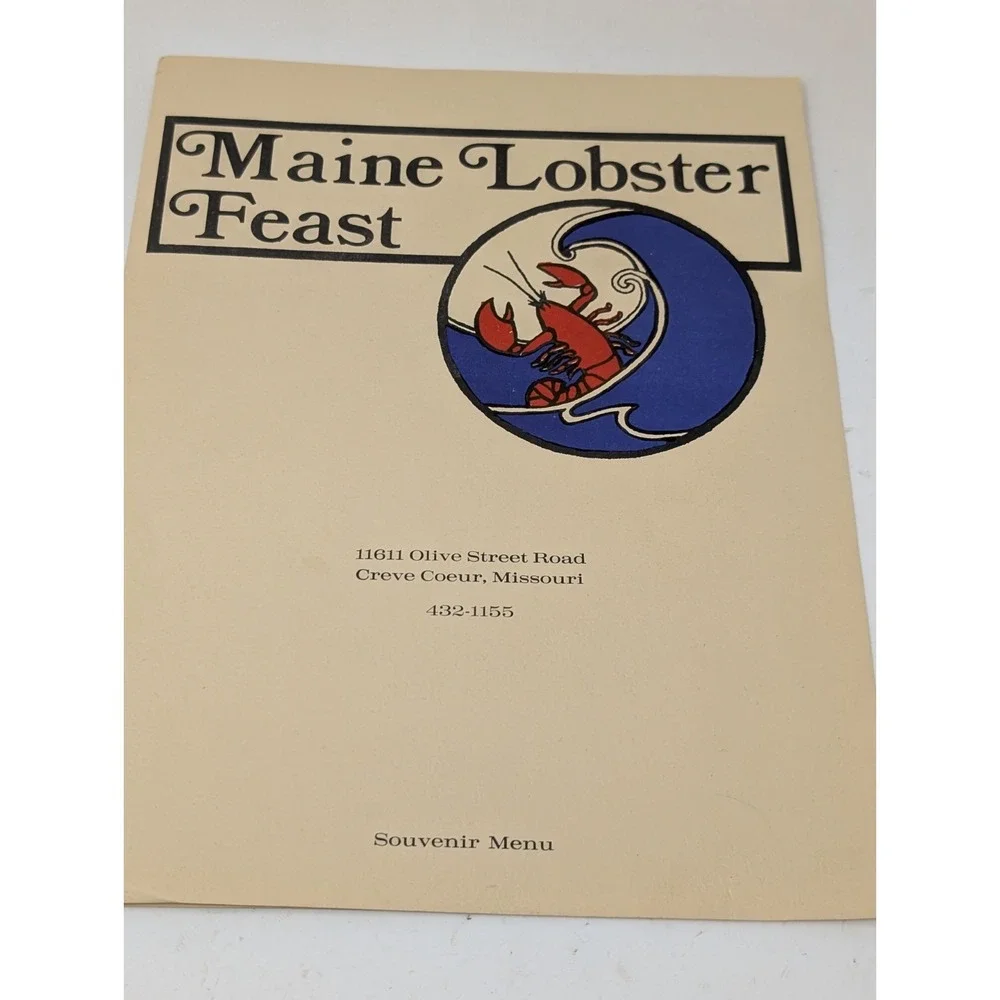 Maine Lobster Feast Creve Coeur‎ Missouri St Louis Souvenir Restaurant Menu VTG
